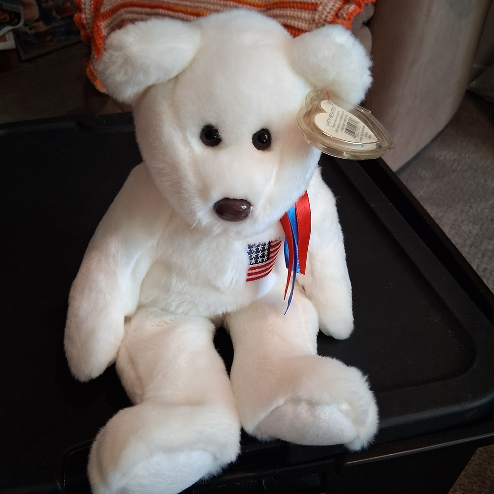 Ty White Bear with Red and Blue Ribbon